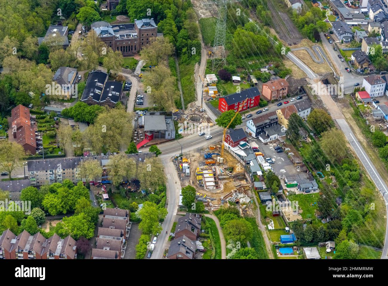 Vista aerea, doppia torre di Malakow e sala di produzione, cantiere di canali, Ückendorf, Gelsenkirchen, zona della Ruhr, Renania settentrionale-Vestfalia, Germania Foto Stock