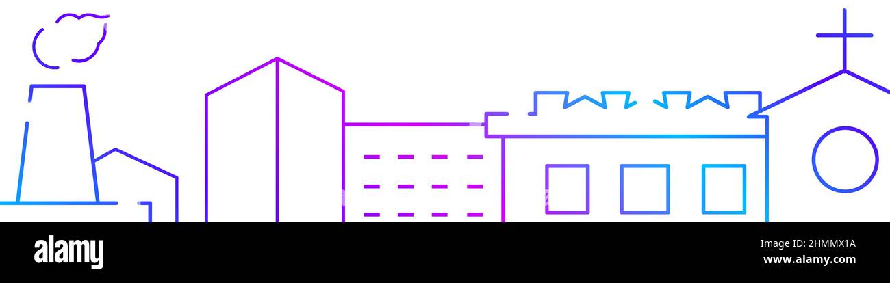 Gli edifici del paesaggio urbano si riferiscono al banner orizzontale o al modello del bordo inferiore. Illustrazione del vettore della linea a gradiente piatta isolata su bianco. Illustrazione Vettoriale