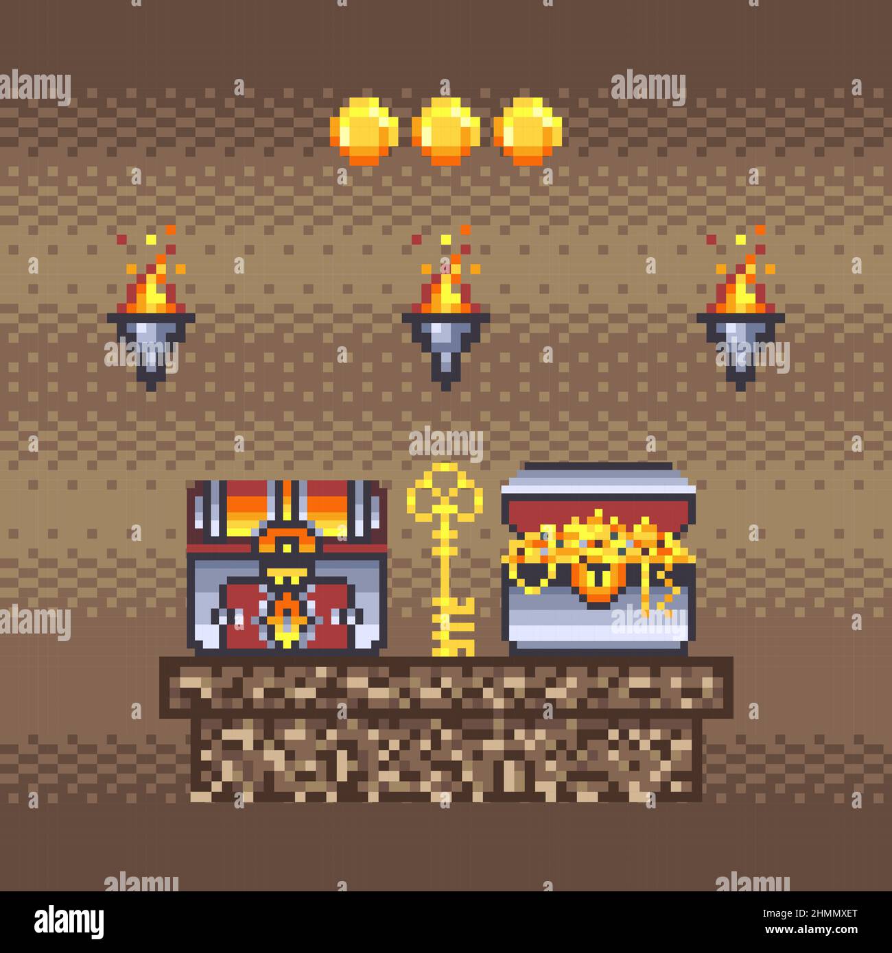 Pixel Art Treasure Chests and Key in Dungeons Illustrazione Vettoriale