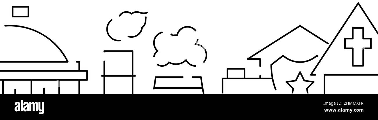Gli edifici del paesaggio urbano si riferiscono al banner orizzontale o al modello del bordo inferiore. Illustrazione vettoriale a linea piatta isolata su bianco. Illustrazione Vettoriale
