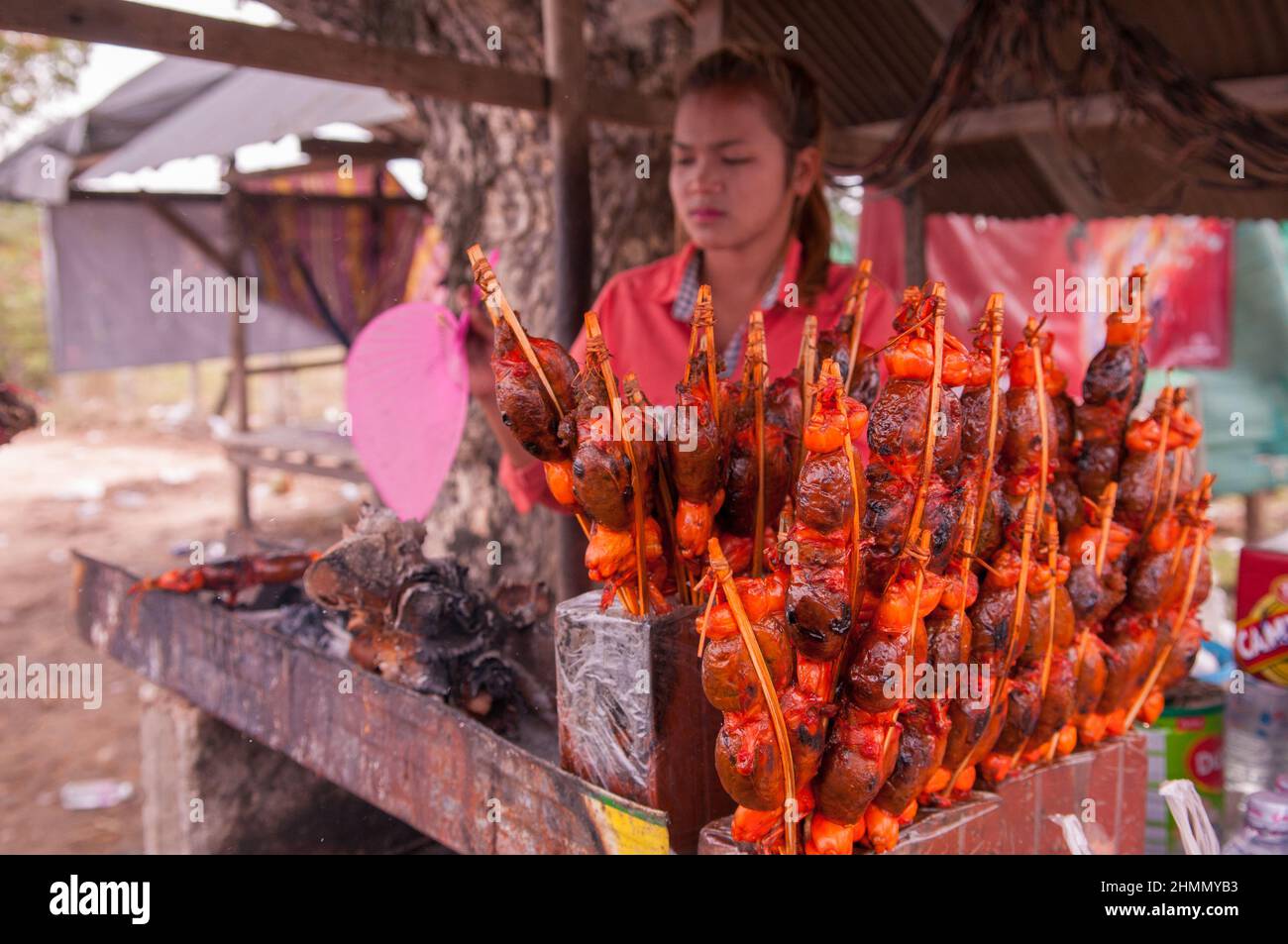 Street vendor grigliare rane su spiedini sulla Hwy 2, vicino al bivio per Phnom Tamao Wildlife Rescue Center, Takeo Provincia, Cambogia. Credit: Kraig Lieb Foto Stock