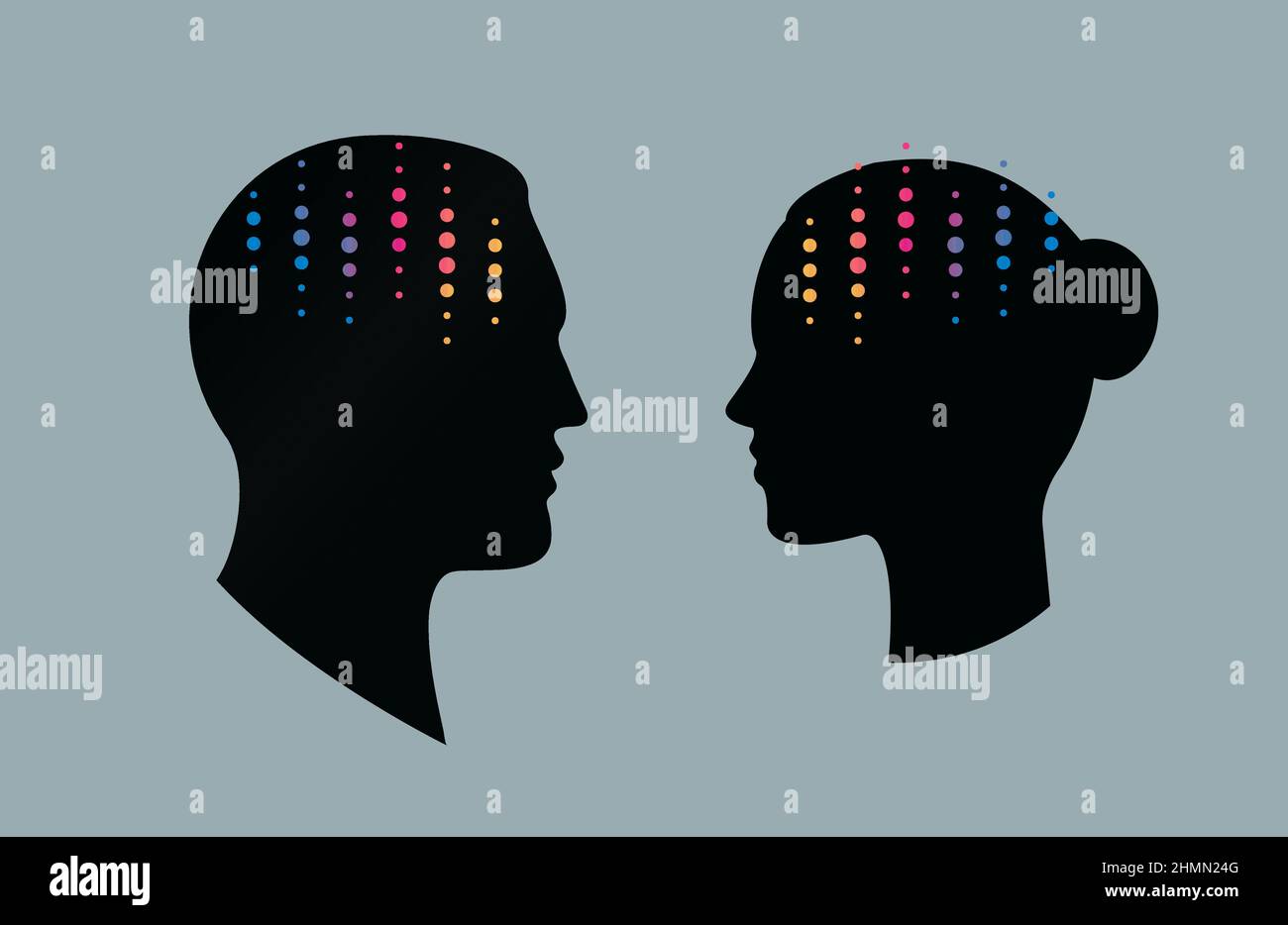 Profilo della testa della persona con simbolo dell'equalizzatore, segno astratto dell'impulso neurale, icona della libreria musicale, laboratorio di ricerca cerebrale, logo della tecnologia audio Illustrazione Vettoriale