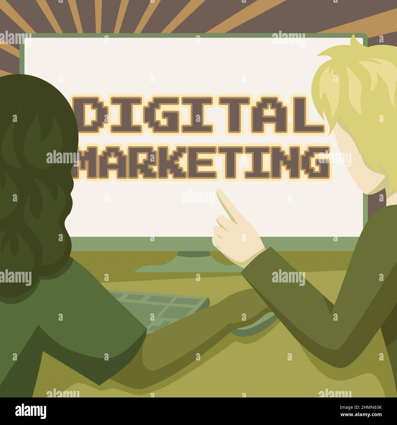 Display concettuale Digital Marketing. Panoramica del business motore di ricerca Optimazation Pay per Click ad Internet Couple Drawing Using Desktop computer Foto Stock