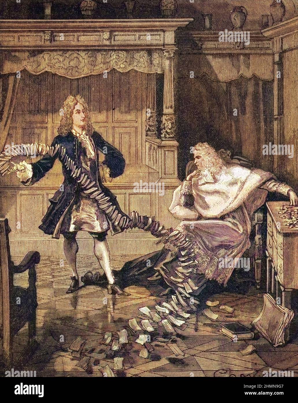 Guillaume Dubois (1656-1723) conclusivo un accordo avec le banquier ecossais John Law (1671-1729). Le 2 mai 1716, Law est autorisé par édit à créer une banque privée, sur le modèle de la banque d'Angleterre, qui prend le nom de « Banque générale », établie à Paris, rue Vivienne, gravure 19eme siecle Foto Stock