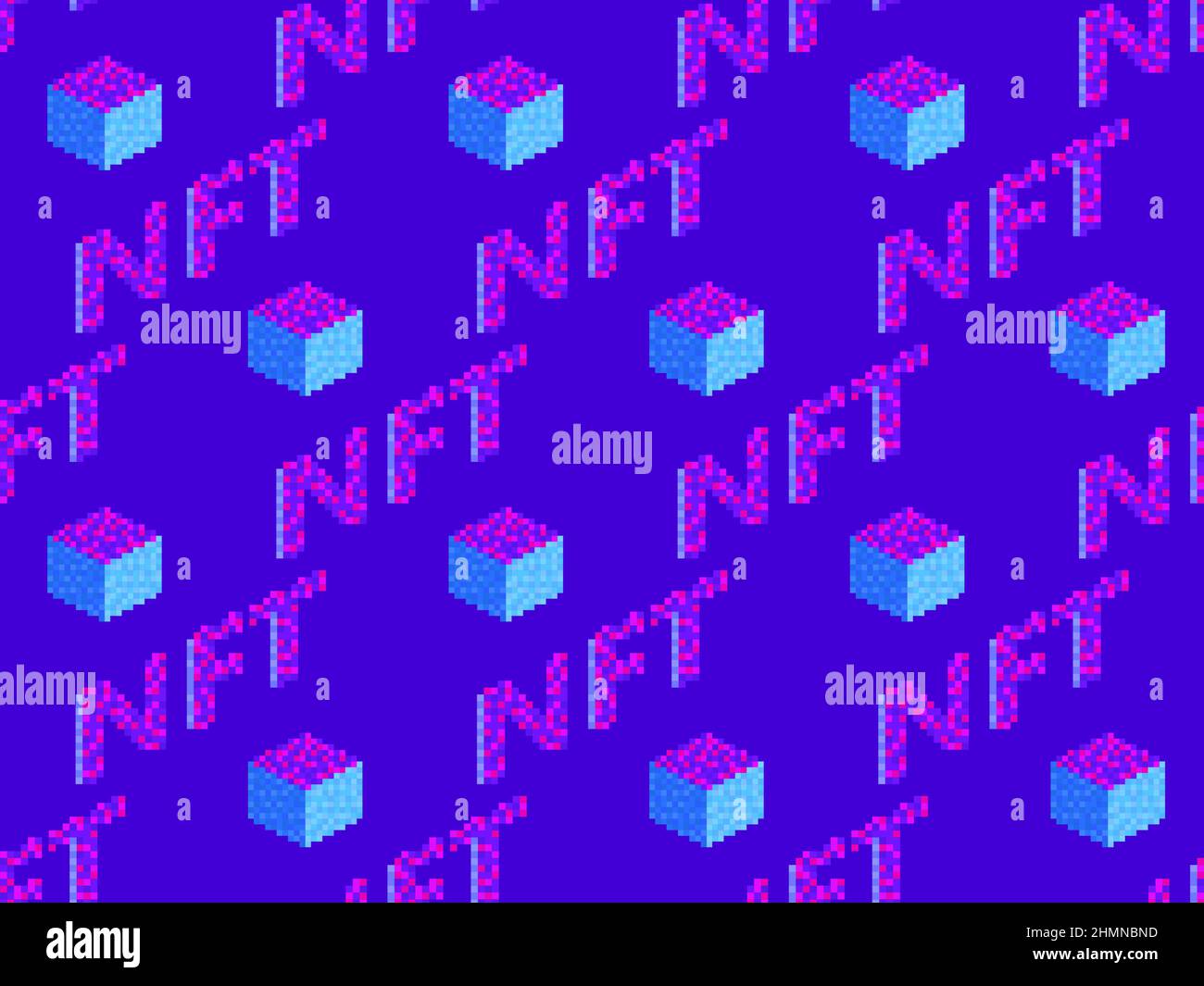 Testo isometrico NFT token pixel ART con pattern cubico senza giunture. Token non-fungibile NFT. Arte digitale nella tecnologia blockchain. Design per striscioni e pr Illustrazione Vettoriale