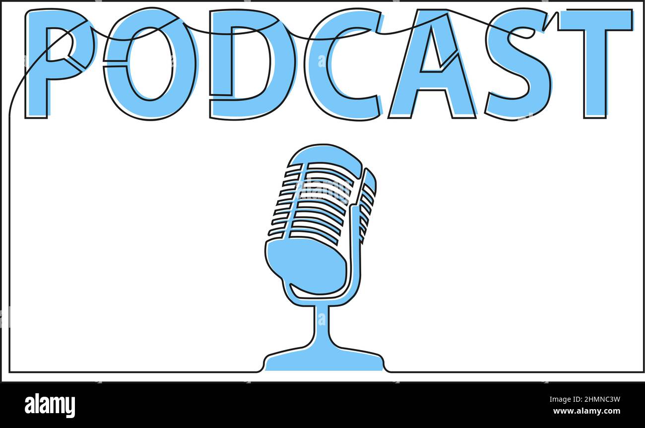 logo podcast a linea continua con microfono, disegno vettoriale a linea singola Illustrazione Vettoriale