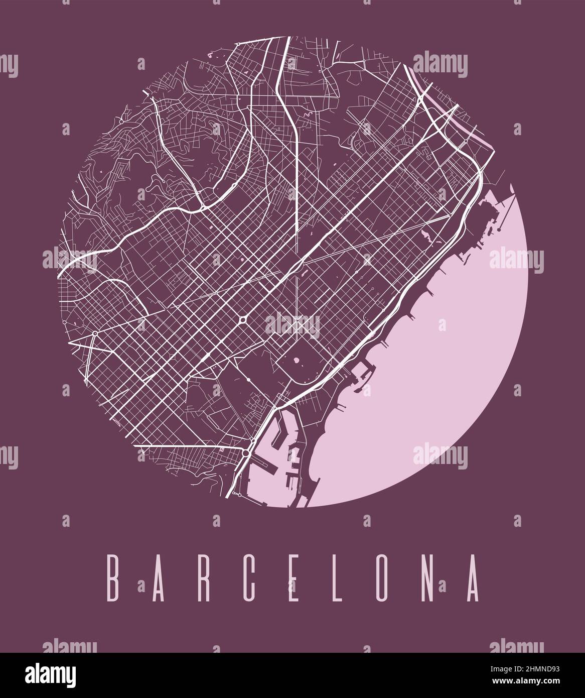 Poster circolare della mappa della città di Barcellona. Vista aerea circolare circolare della strada, illustrazione vettoriale della mappa stradale. Paesaggio urbano panorama con acqua. Illustrazione Vettoriale