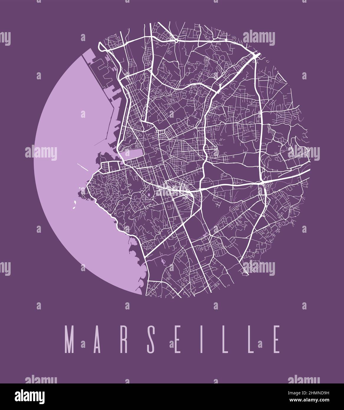 Poster circolare della mappa della città di Marsiglia. Vista aerea circolare circolare della strada, illustrazione vettoriale della mappa stradale. Paesaggio urbano panorama con acqua. Illustrazione Vettoriale