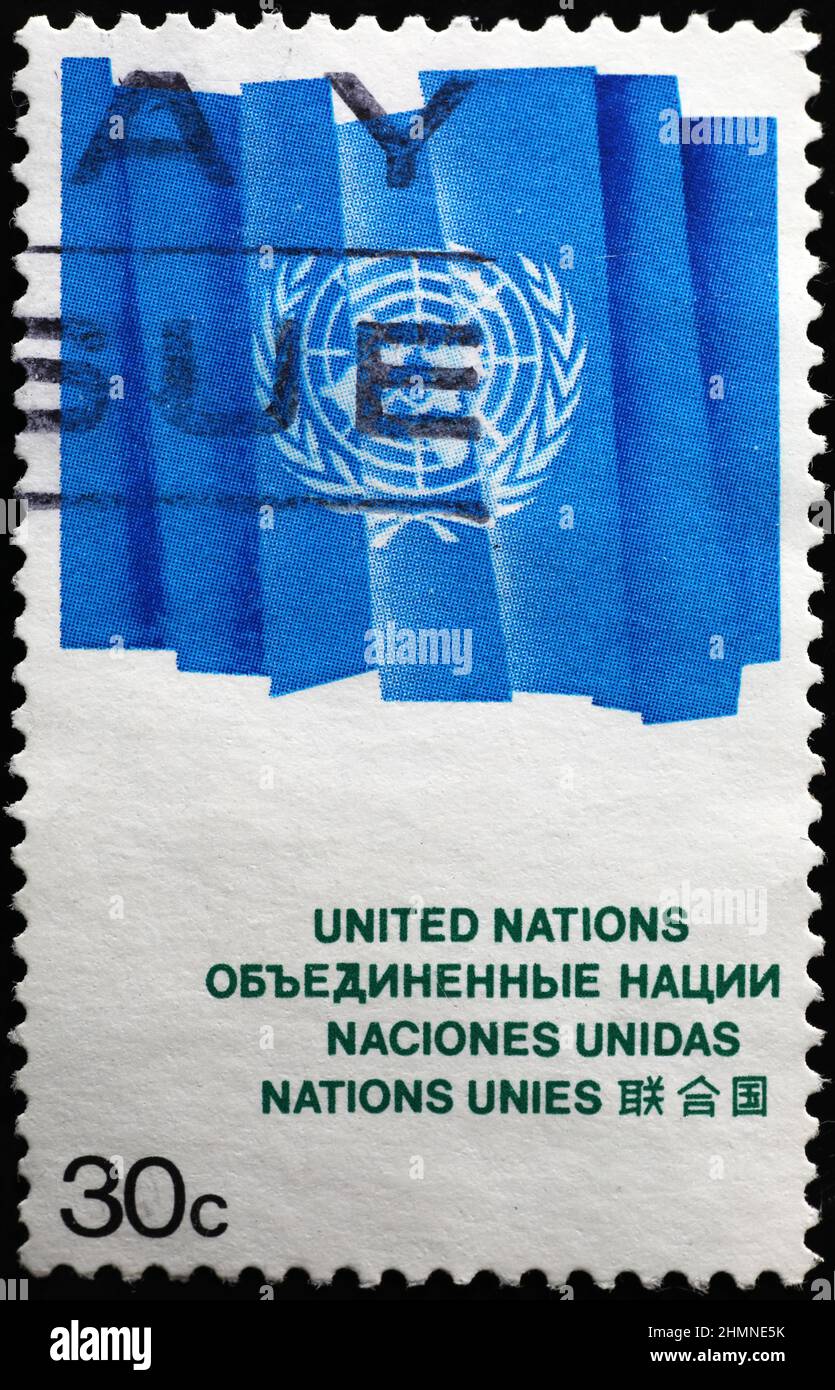 Bandiera delle Nazioni Unite su francobollo Foto Stock