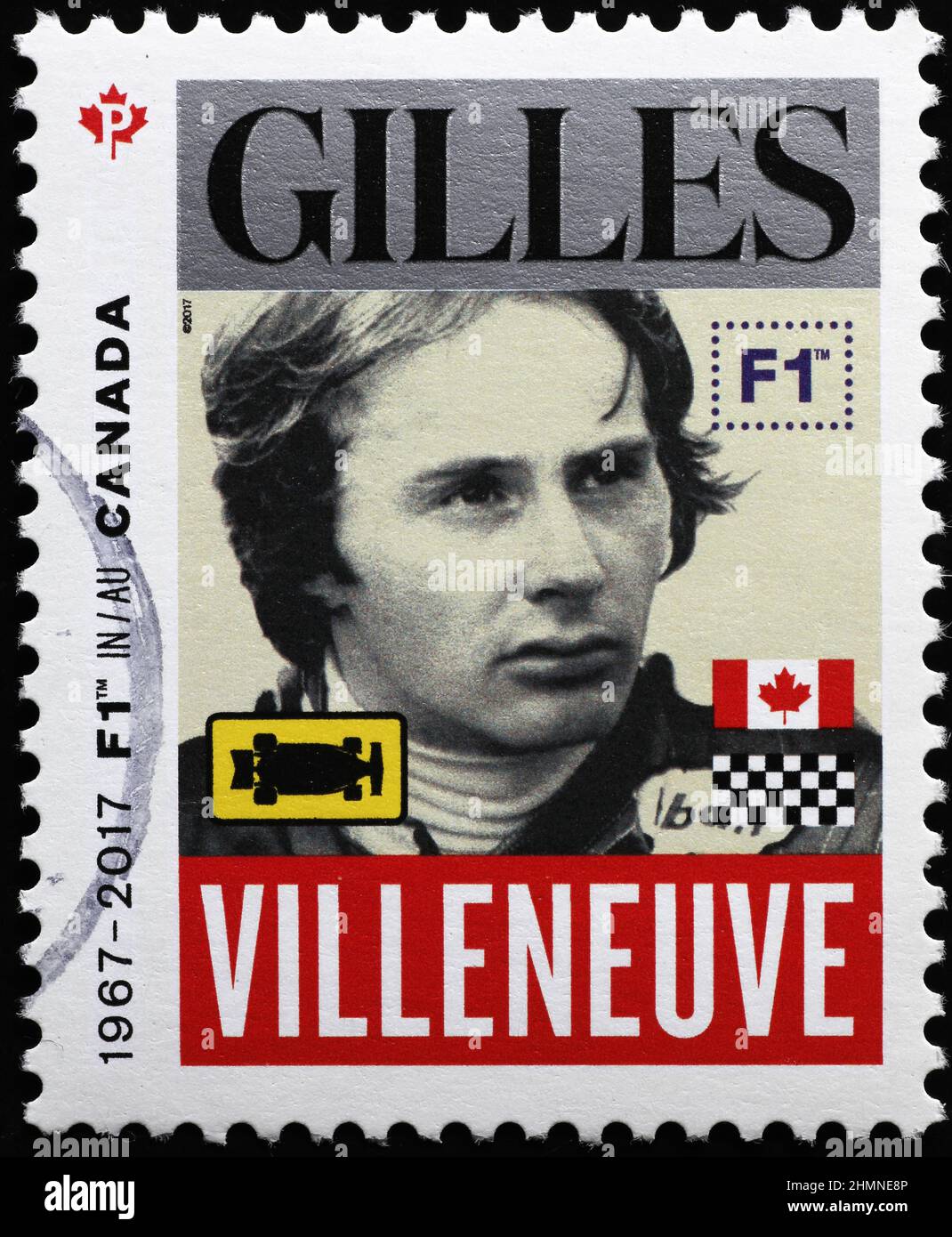Ritratto di Gilles Villeneuve su francobollo Foto Stock
