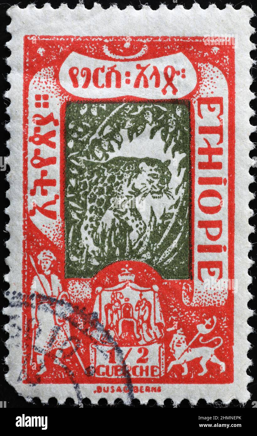 Leopardo sul francobollo etiope vintage Foto Stock