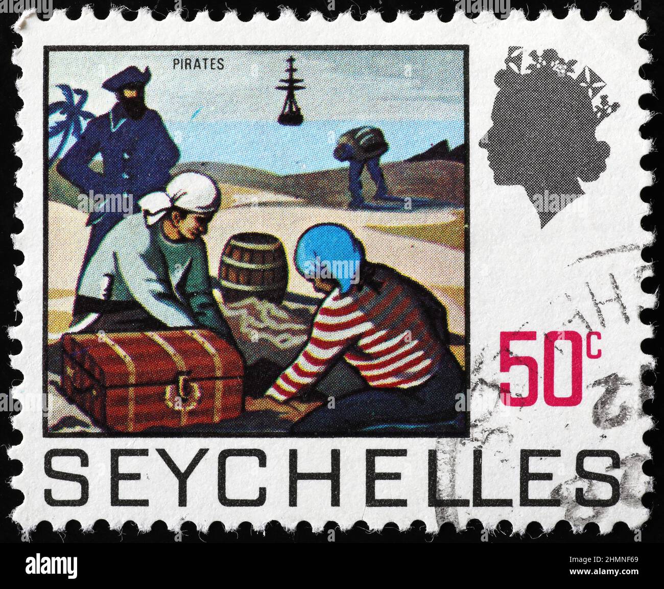 Pirati con i loro tesori su francobolli dalle Seychelles Foto Stock