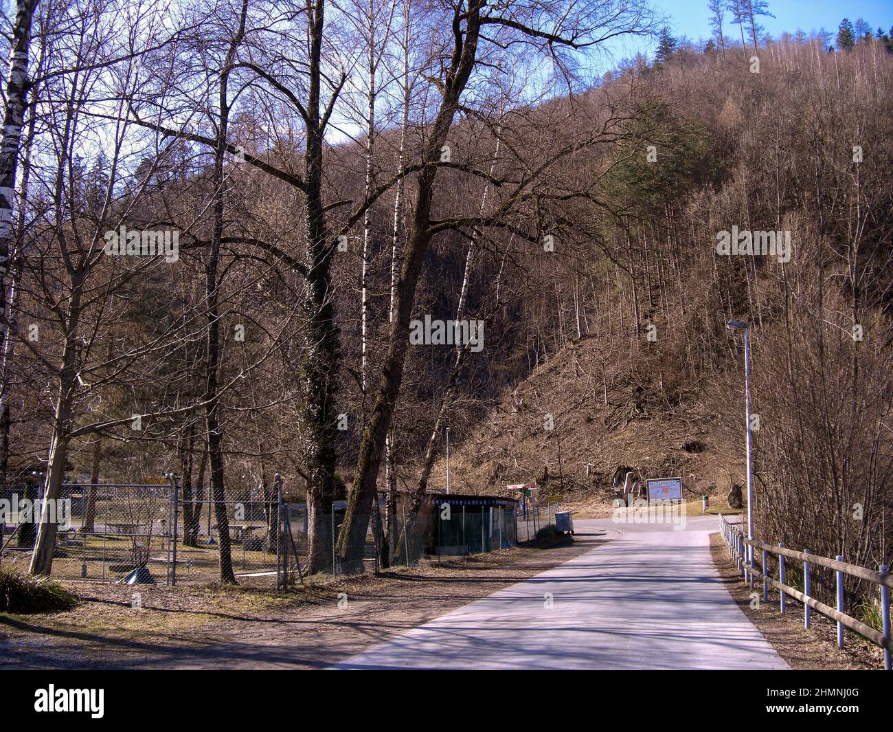 Werdenberg, Svizzera 26 febbraio 2019 la strada pedonale conduce ad una collina alberata Foto Stock