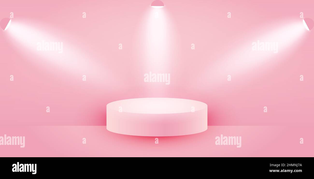 Podio rosa 3D su sfondo rosa pastello e luce tenue. Palco rosa illuminato per la presentazione o la pubblicità dei prodotti. Sfondo vettoriale rosa Illustrazione Vettoriale