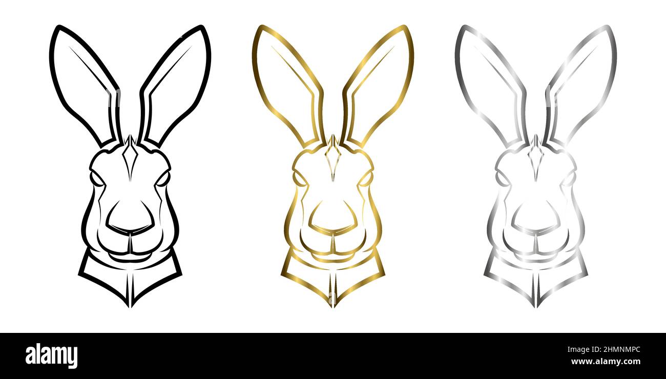 Tre colori oro nero e argento linea arte di coniglietto testa. Buon uso per simbolo, mascotte, icona, avatar, tatuaggio, T-Shirt design, logo o qualsiasi design. Illustrazione Vettoriale