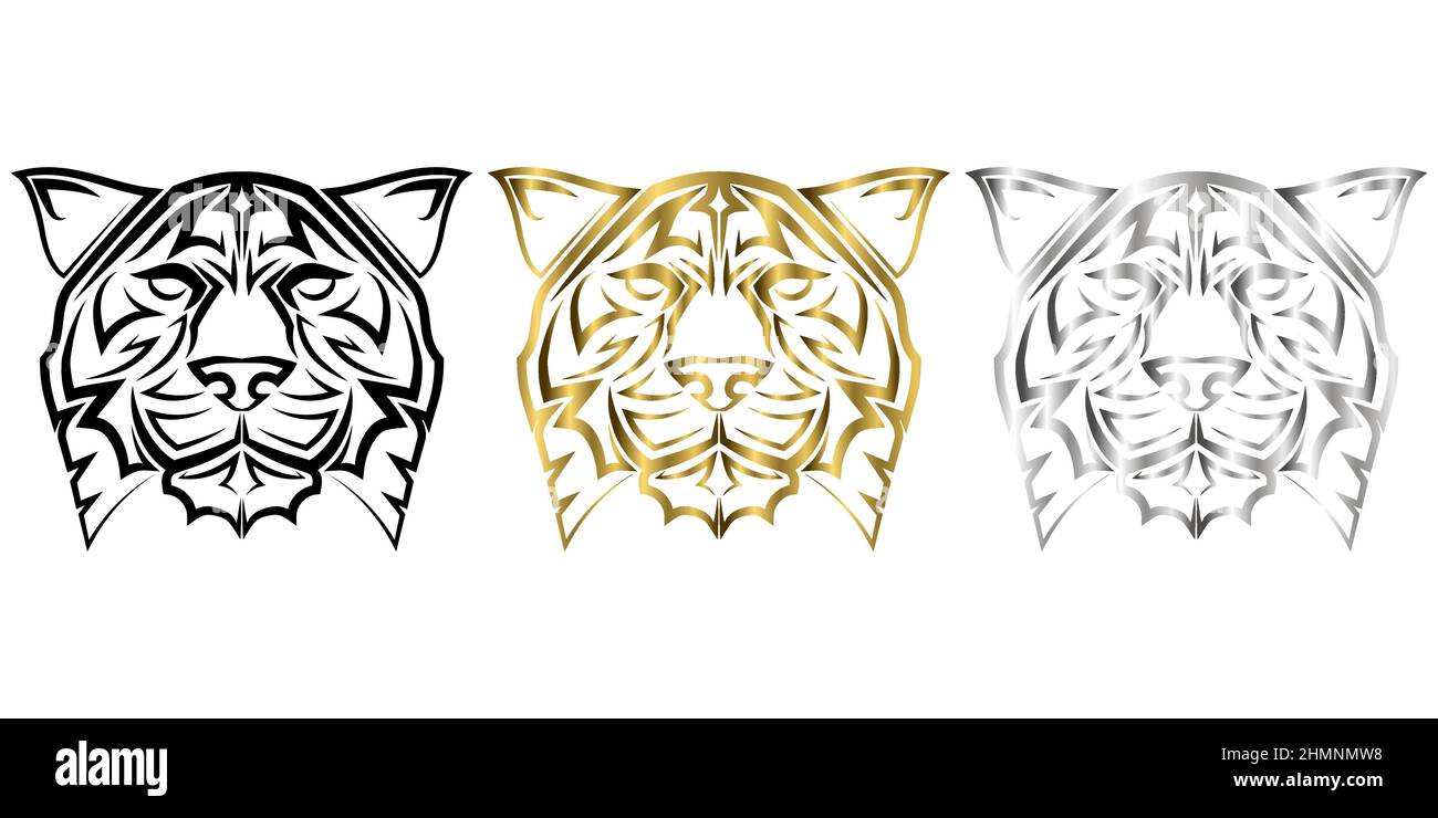 Tre colori nero oro e argento linea arte della testa tigre buon uso per simbolo mascotte icona avatar tatuaggio T Shirt logo design o qualsiasi design Illustrazione Vettoriale