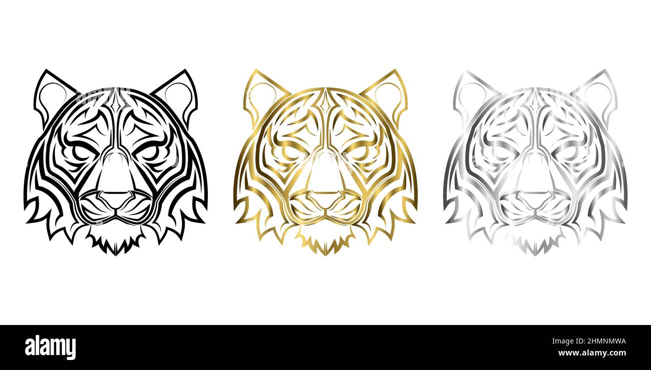 Tre colori nero oro e argento linea arte della testa tigre buon uso per simbolo mascotte icona avatar tatuaggio T Shirt logo design o qualsiasi design Illustrazione Vettoriale