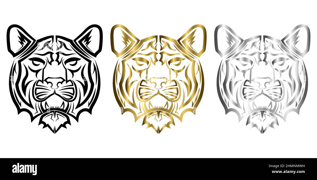Tre colori nero oro e argento linea arte della testa tigre buon uso per simbolo mascotte icona avatar tatuaggio T Shirt logo design o qualsiasi design Illustrazione Vettoriale
