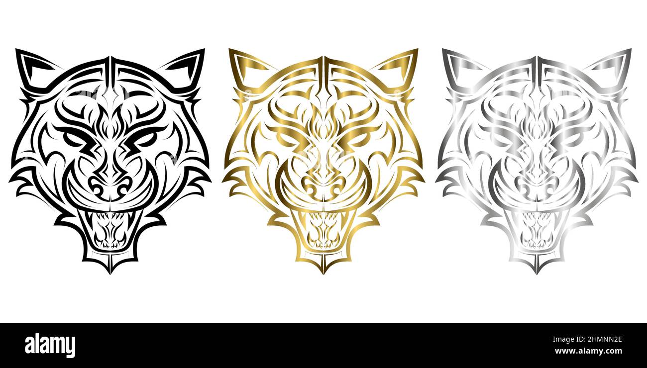Tre colori nero oro e argento linea arte della testa tigre buon uso per simbolo mascotte icona avatar tatuaggio T Shirt logo design o qualsiasi design Illustrazione Vettoriale