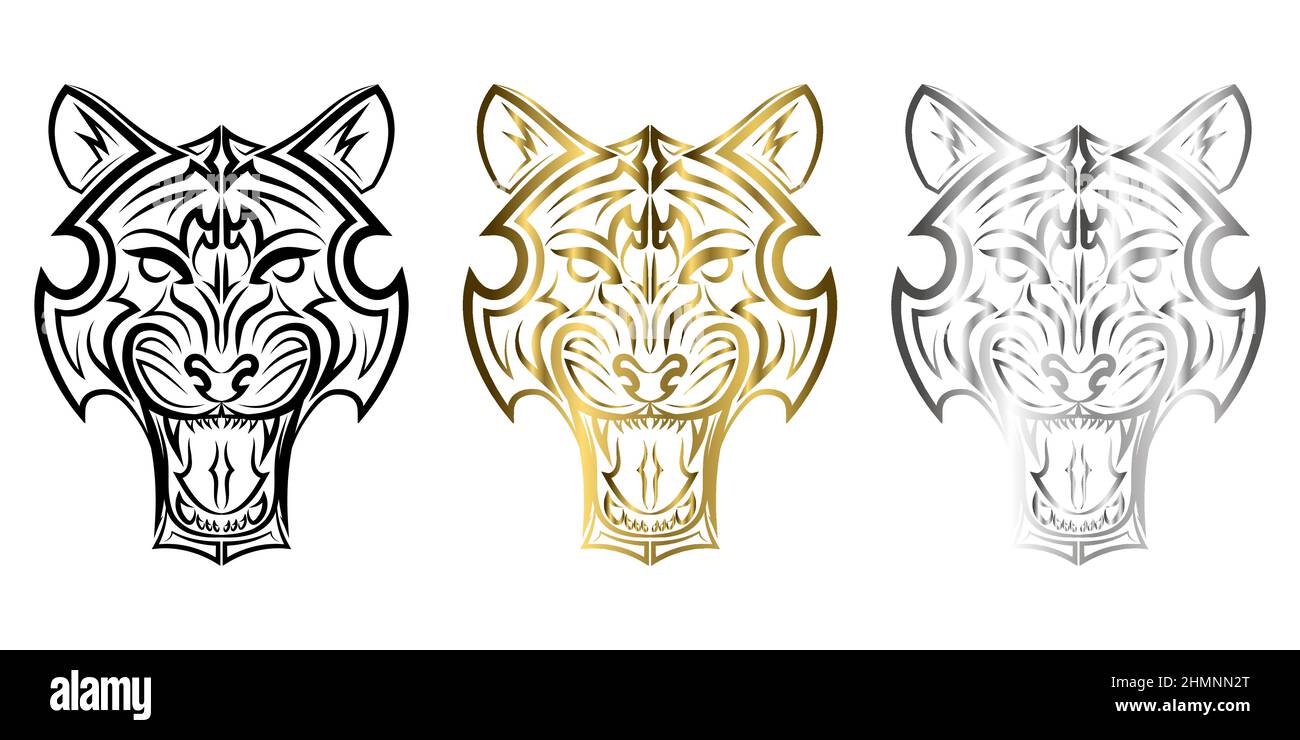 Tre colori nero oro e argento linea arte della testa tigre buon uso per simbolo mascotte icona avatar tatuaggio T Shirt logo design o qualsiasi design Illustrazione Vettoriale