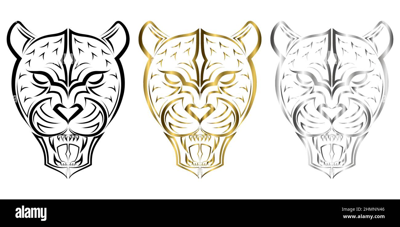 Line art della testa di Roaring Leopard. Buon uso per simbolo, mascotte, icona, avatar, tatuaggio, T Shirt design, logo o qualsiasi design che si desidera. Illustrazione Vettoriale