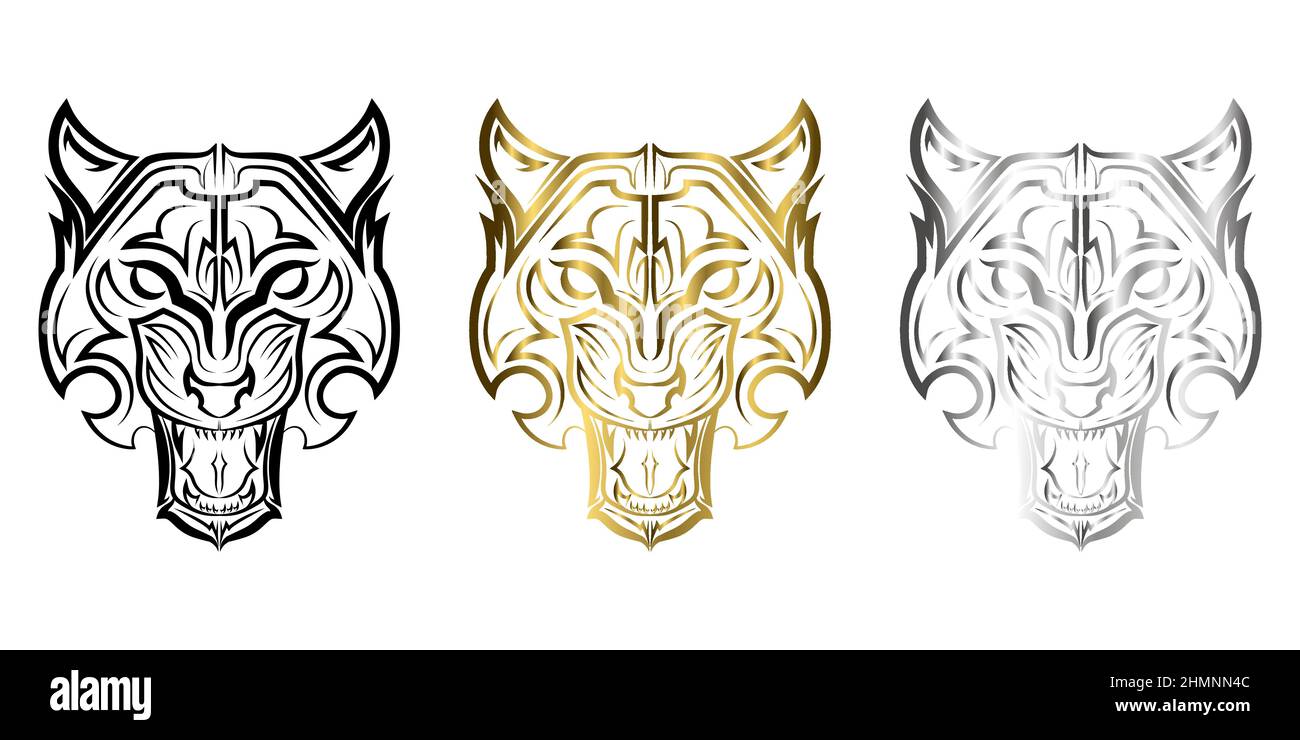 Tre colori nero oro e argento linea arte della testa tigre buon uso per simbolo mascotte icona avatar tatuaggio T Shirt logo design o qualsiasi design Illustrazione Vettoriale