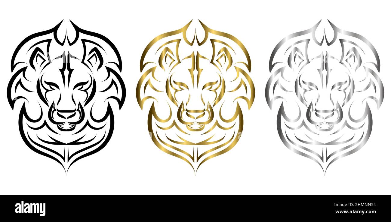Linea d'arte bianca e nera della parte anteriore della testa del leone. È segno di leo zodiaco. Buon uso per simbolo, mascotte, icona, avatar, tatuaggio, Design T-shirt, Illustrazione Vettoriale