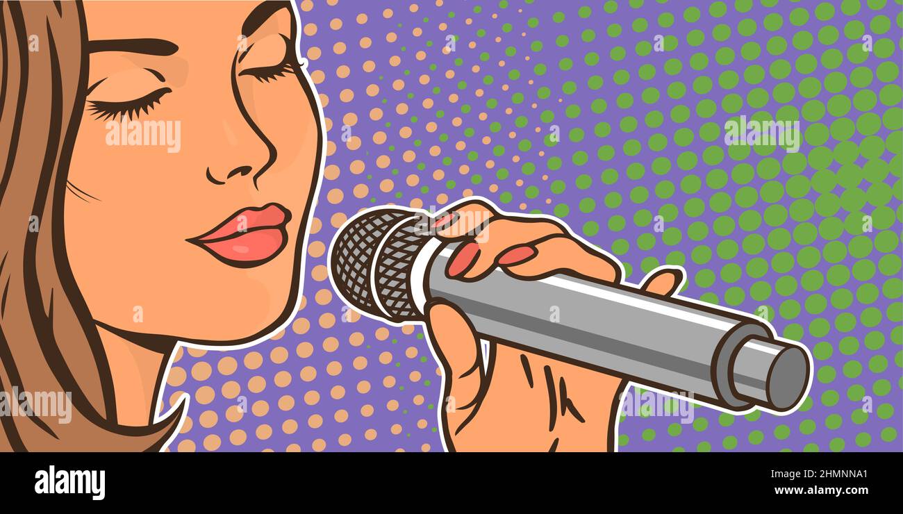 Bella cantante donna con microfono. Faccia in primo piano. Musica e voce. Artista al concerto. Illustrazione vettoriale di cartoni animati in stile pop art Illustrazione Vettoriale