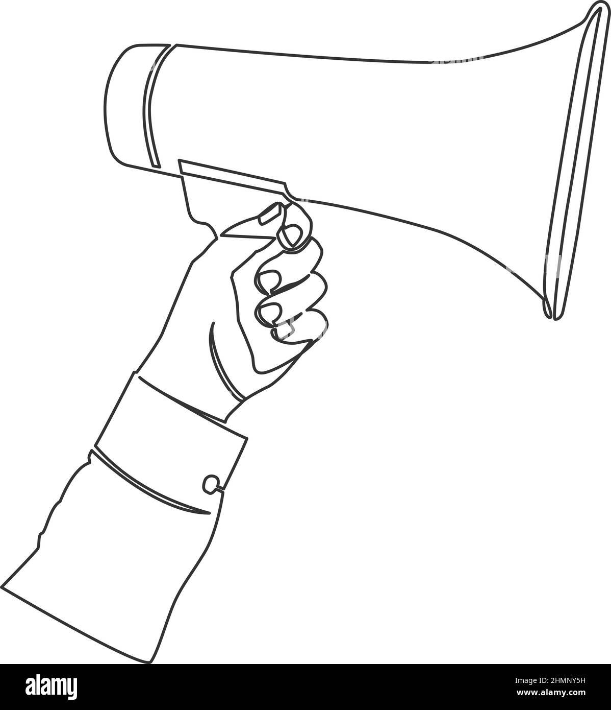 disegno a linea singola del megafono con supporto manuale, illustrazione vettoriale a linea continua Illustrazione Vettoriale