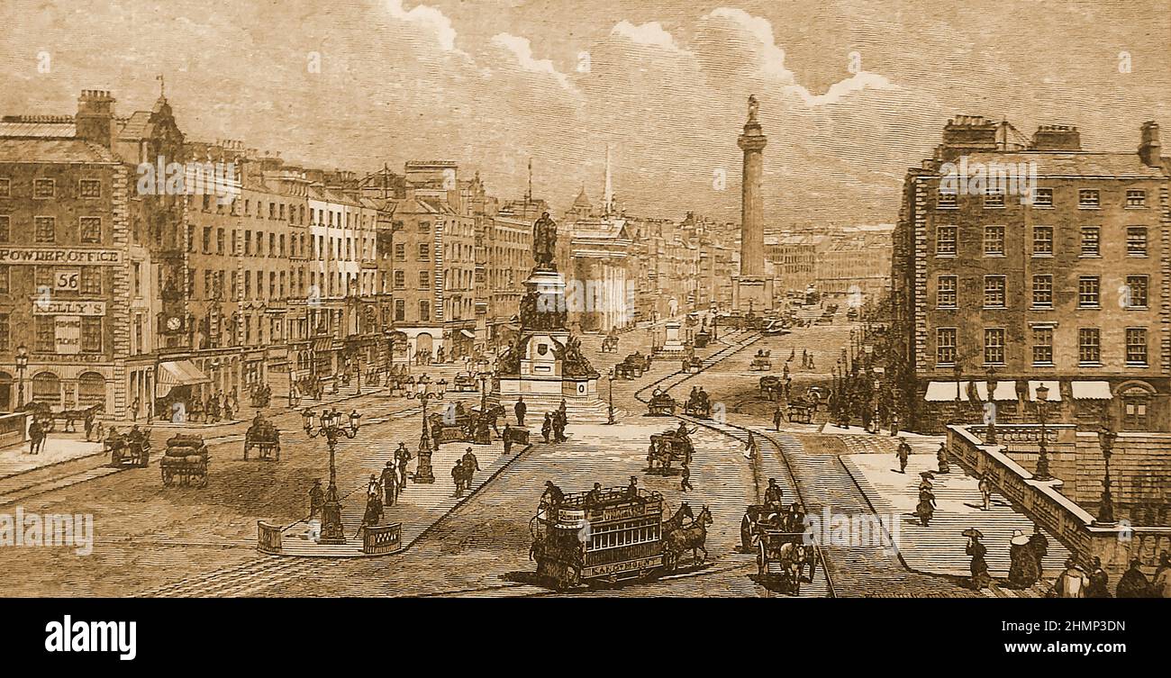 Una vecchia incisione di Sackville Street, Dublino, Irlanda come era nel 1897. Vista dal ponte o'Connell, la vista include il monumento o'Connell, il Monumento Nelson e l'Ufficio postale (a sinistra) Foto Stock
