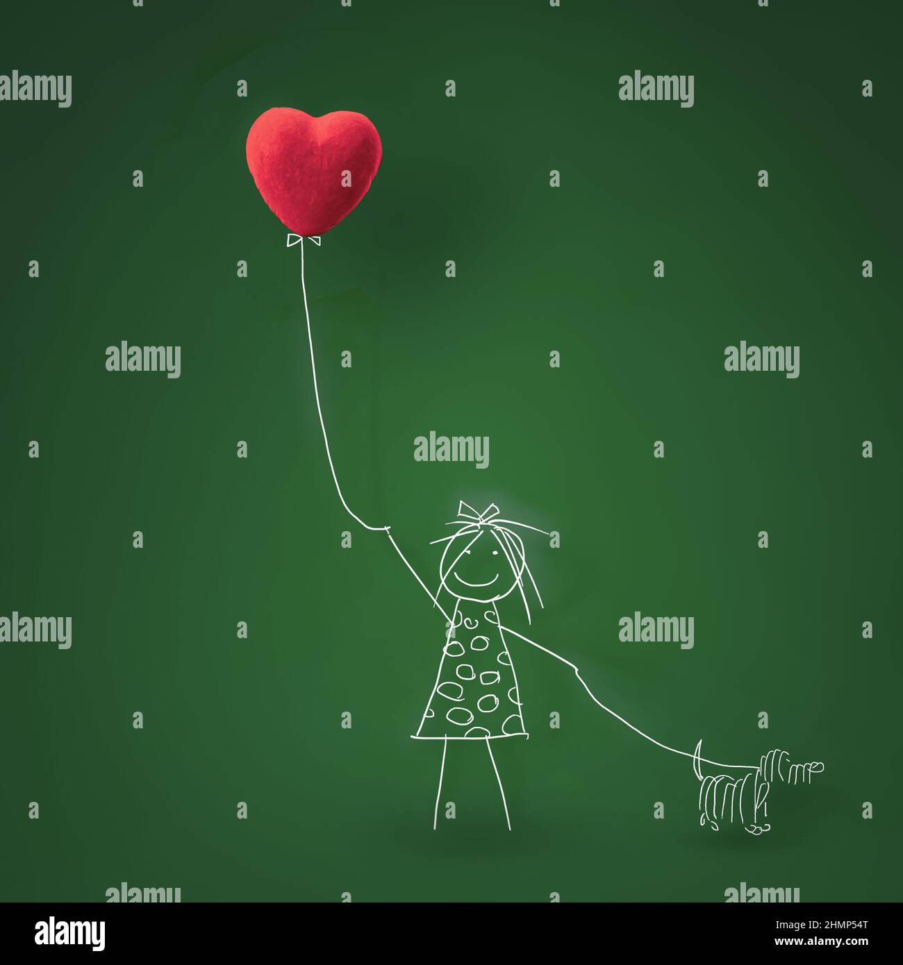 San Valentino concetto di giorno di San Valentino. Disegno di una ragazza con un cane, disegnata a mano con un palloncino rosso, su sfondo verde. Foto Stock