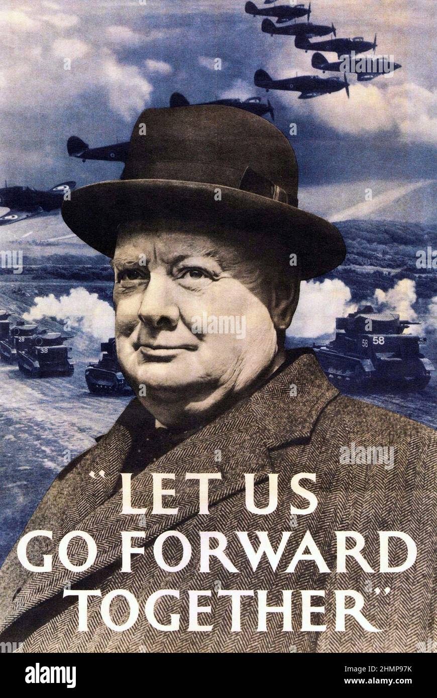Winston Churchill 1874-1965 poster motivazione, 1940. Creato dal governo del Regno Unito. "Andiamo avanti insieme" Foto Stock