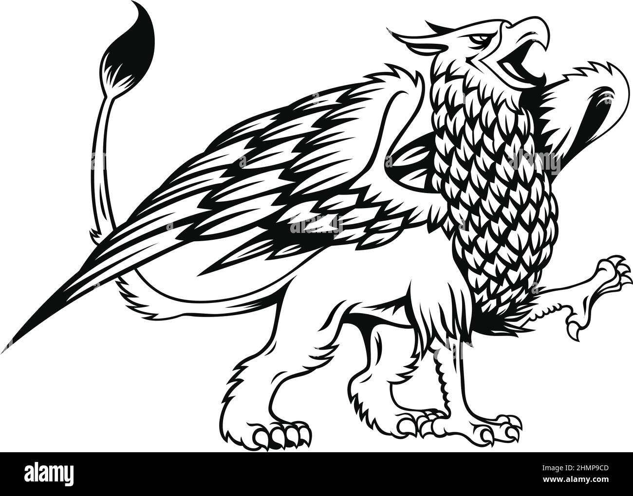 Griffin in stile retrò. Creatura mitologica con testa di aquila e corpo di leone e ali di aquila Illustrazione Vettoriale