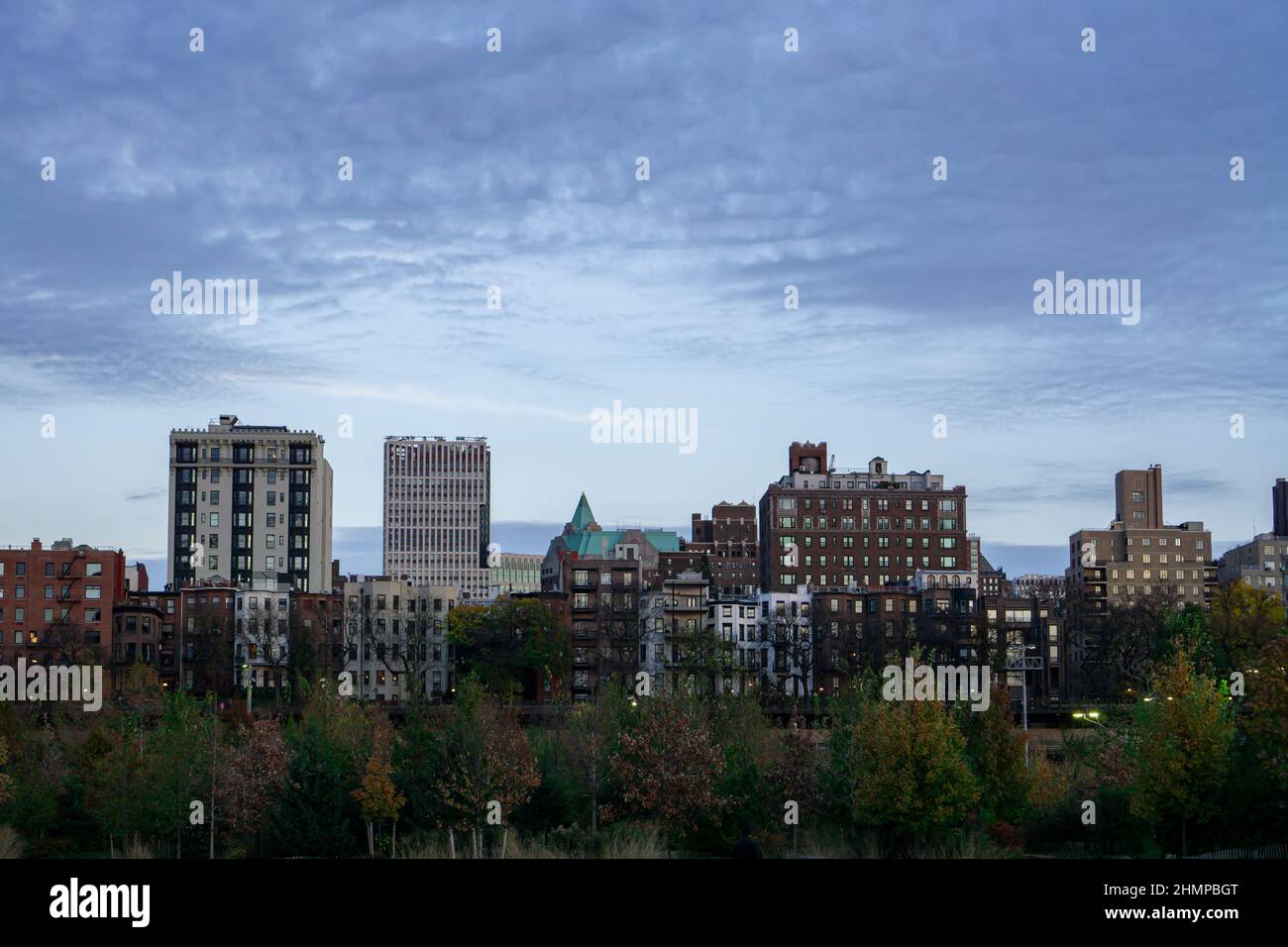 Skyline degli edifici di appartamenti a Brooklyn Heights, New York. Edifici storici e moderni su alberi nella stagione autunnale Foto Stock