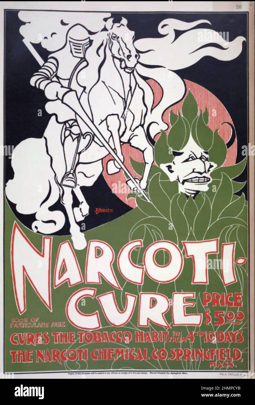 Poster NARCOTI-CURE 1895 per un prodotto anti-fumo americano della Narcoti Chemical Company di Springfield, Massachusetts. Foto Stock