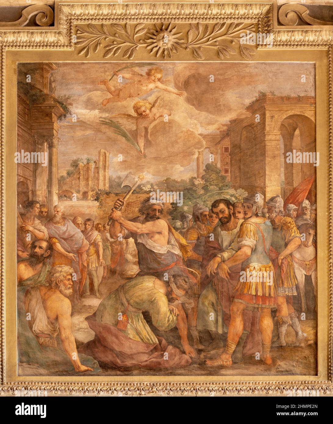 ROMA, ITALIA - 30 AGOSTO 2021: Affresco del martirio di San Cosma e Damiano nella chiesa Basilica dei Sancti Cosma e Damiano di Francesco Allegri Foto Stock