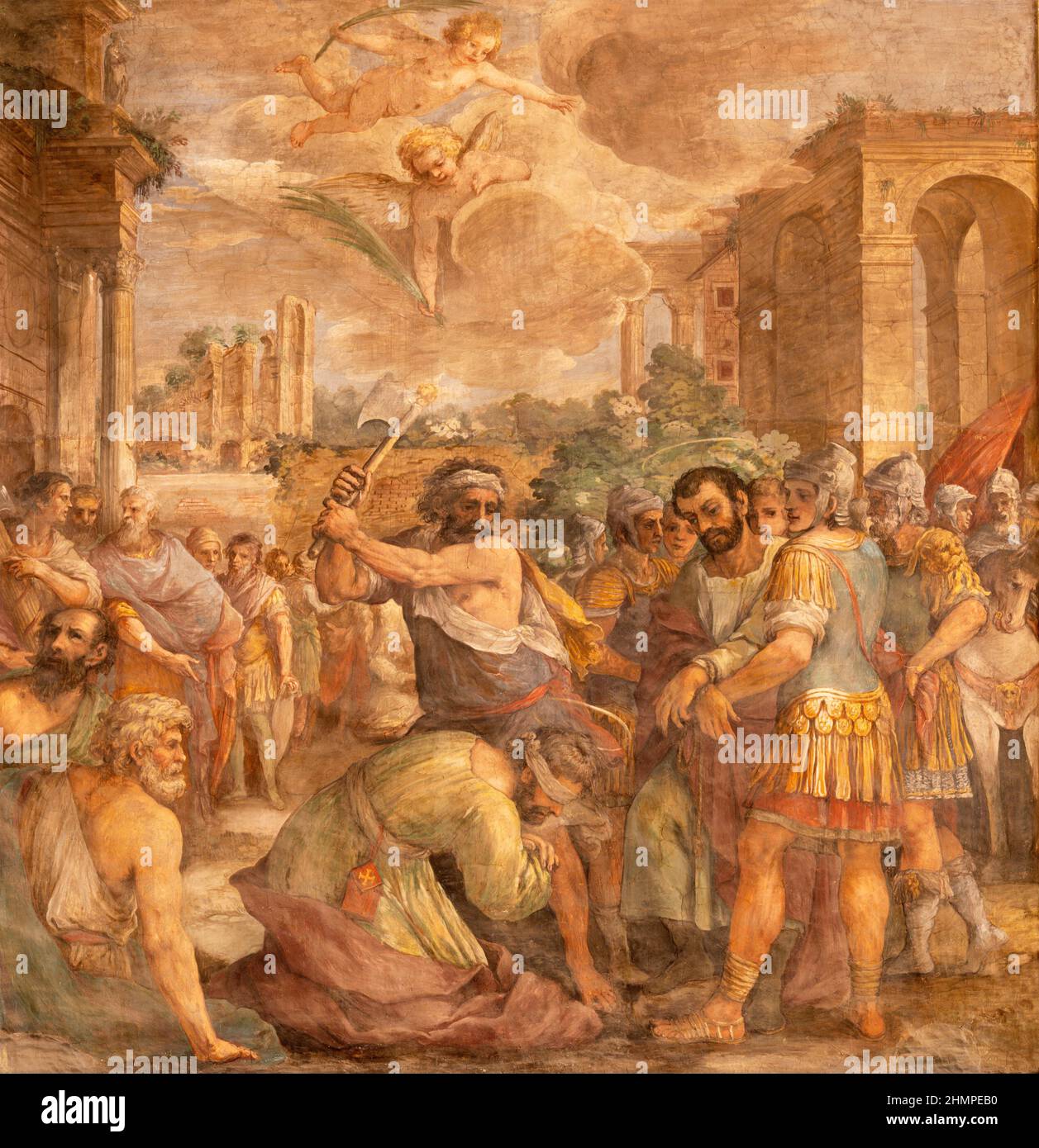 ROMA, ITALIA - 30 AGOSTO 2021: Affresco del martirio di San Cosma e Damiano nella chiesa Basilica dei Sancti Cosma e Damiano di Francesco Allegri Foto Stock