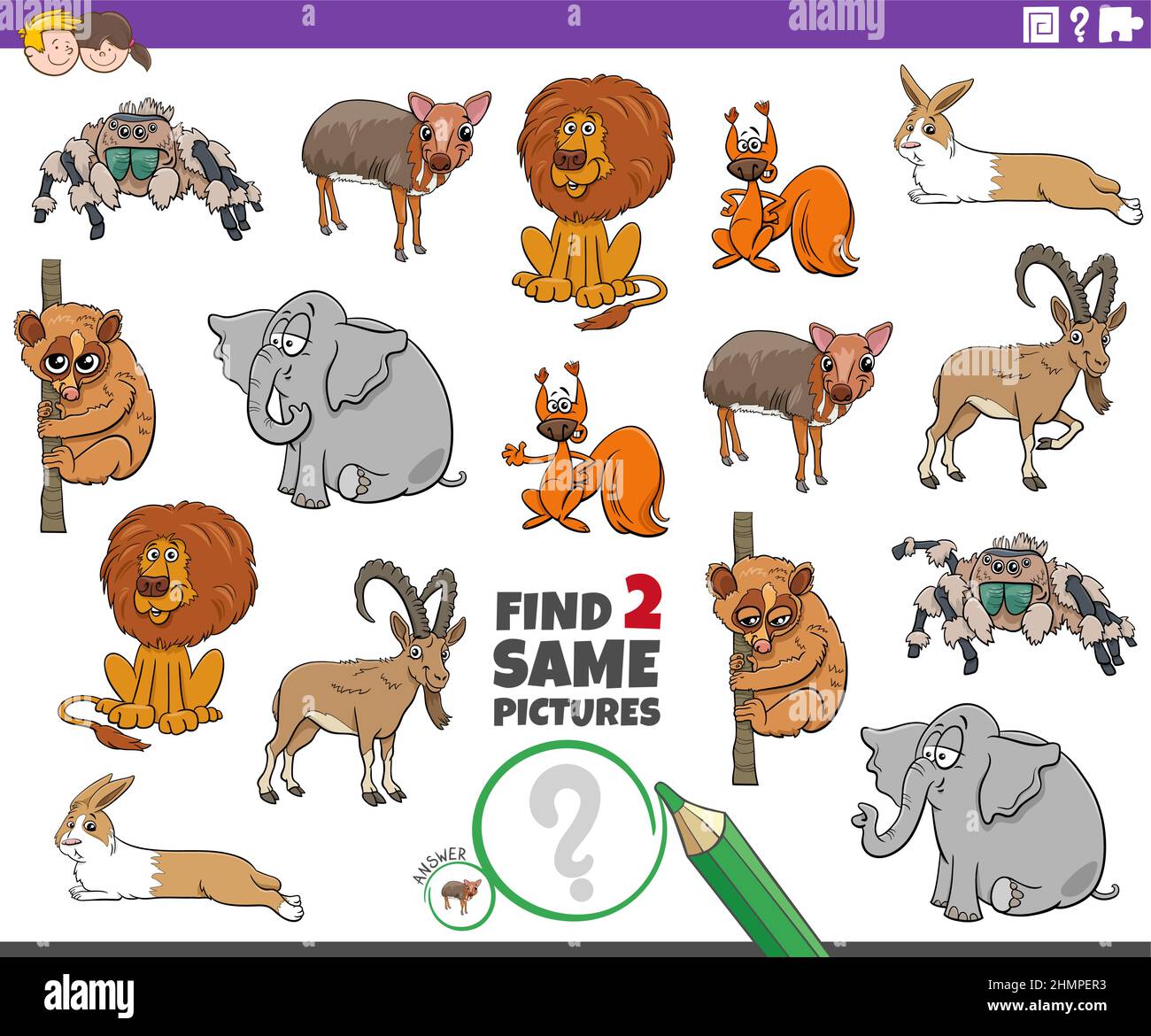 Illustrazione del cartone animato di trovare due stesse immagini gioco educativo con personaggi di animali fumetti Illustrazione Vettoriale