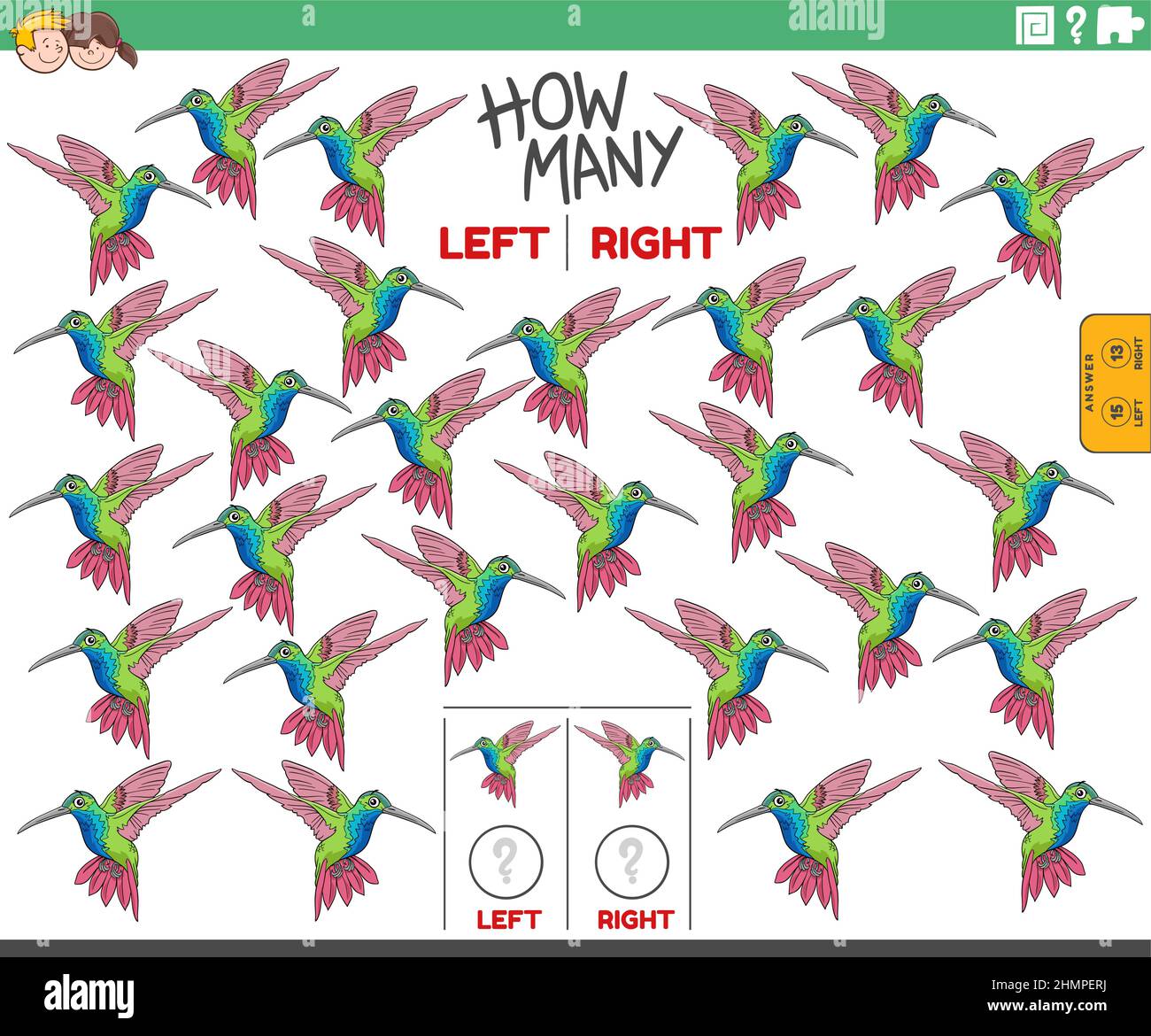 Illustrazione di cartoon del compito educativo di contare le immagini orientate a destra e a sinistra del carattere animale dell'uccello del hummingbird Illustrazione Vettoriale