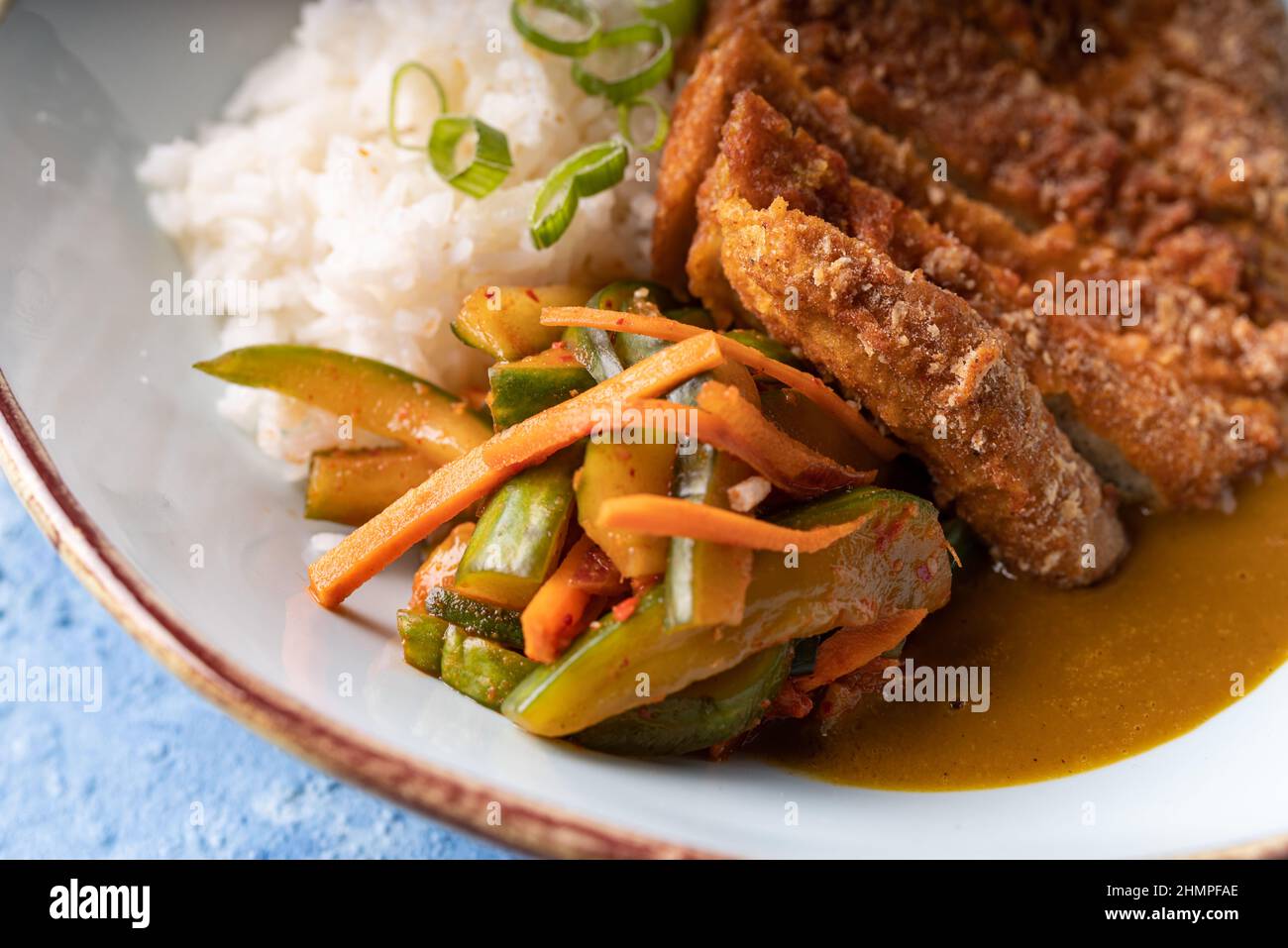 Bistecca di ceci senza carne vegana di fusione asiatica, guarnita con carote, zucchine e riso bianco morbido Foto Stock