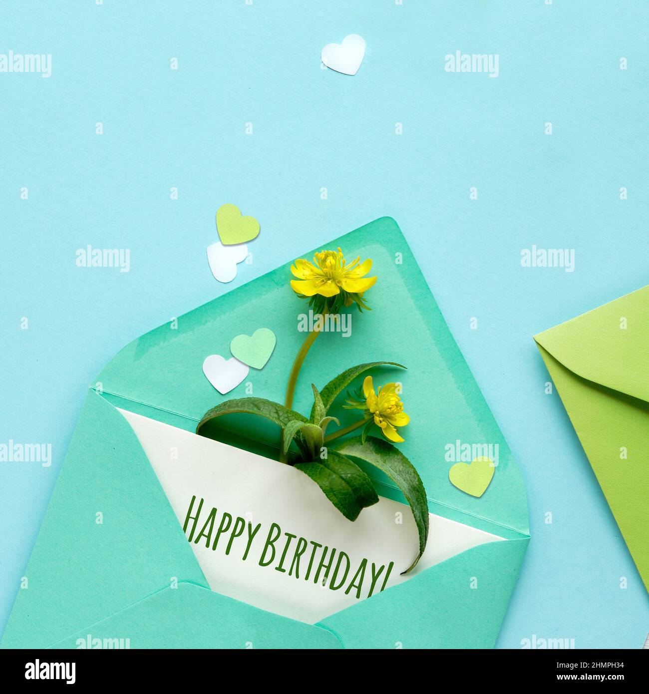 Buono Happy Birthday. Sfondo primaverile in tonalità di verde. Busta di carta con carta e fiori di erranthita giallo, cuori su carta verde menta. Foto Stock