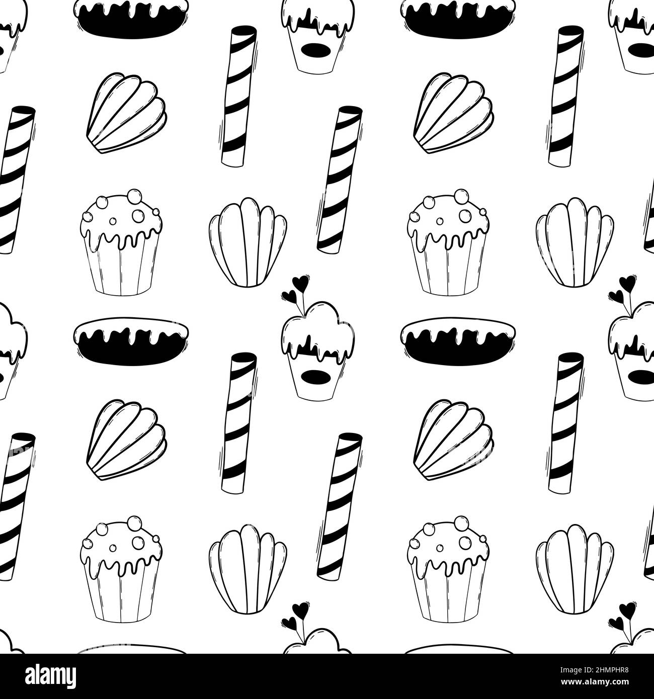 Panetteria set con torta, gelato, ciambelle e biscotti madeleine modello senza cuciture. Illustrazione Vettoriale