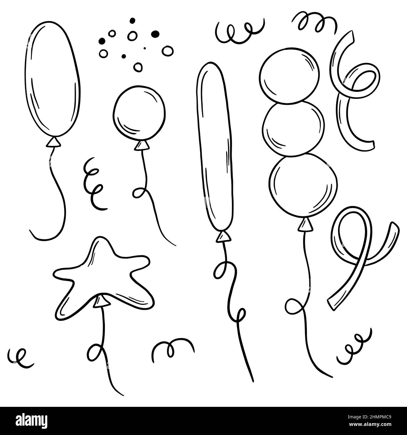 Set palloncini stile Doodle. Illustrazione dei bambini. Vacanze ed eventi. Illustrazione Vettoriale