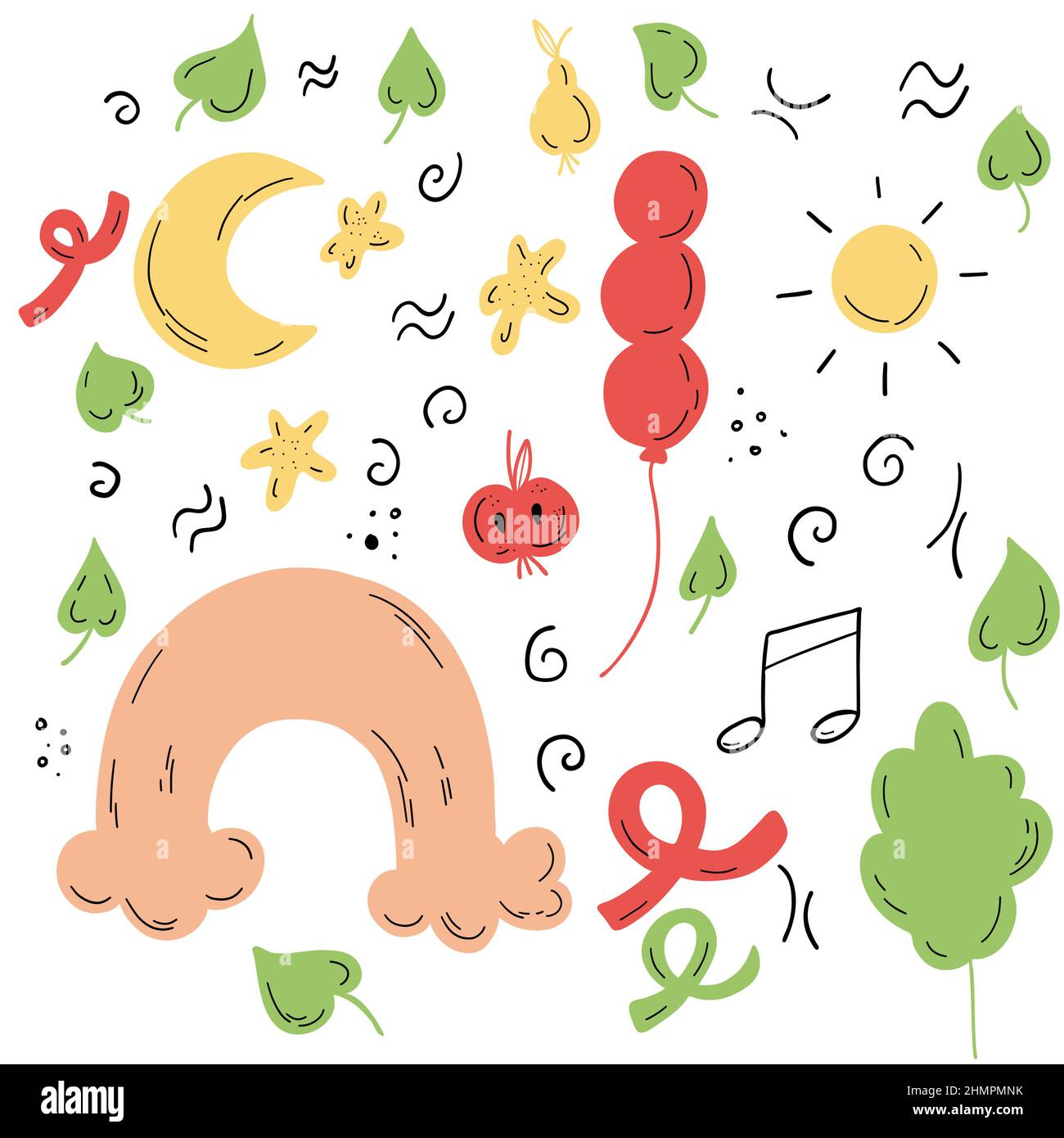 Doodle bambini elementi set con arcobaleno, foglie, nuvole, luna e sole. Illustrazione Vettoriale
