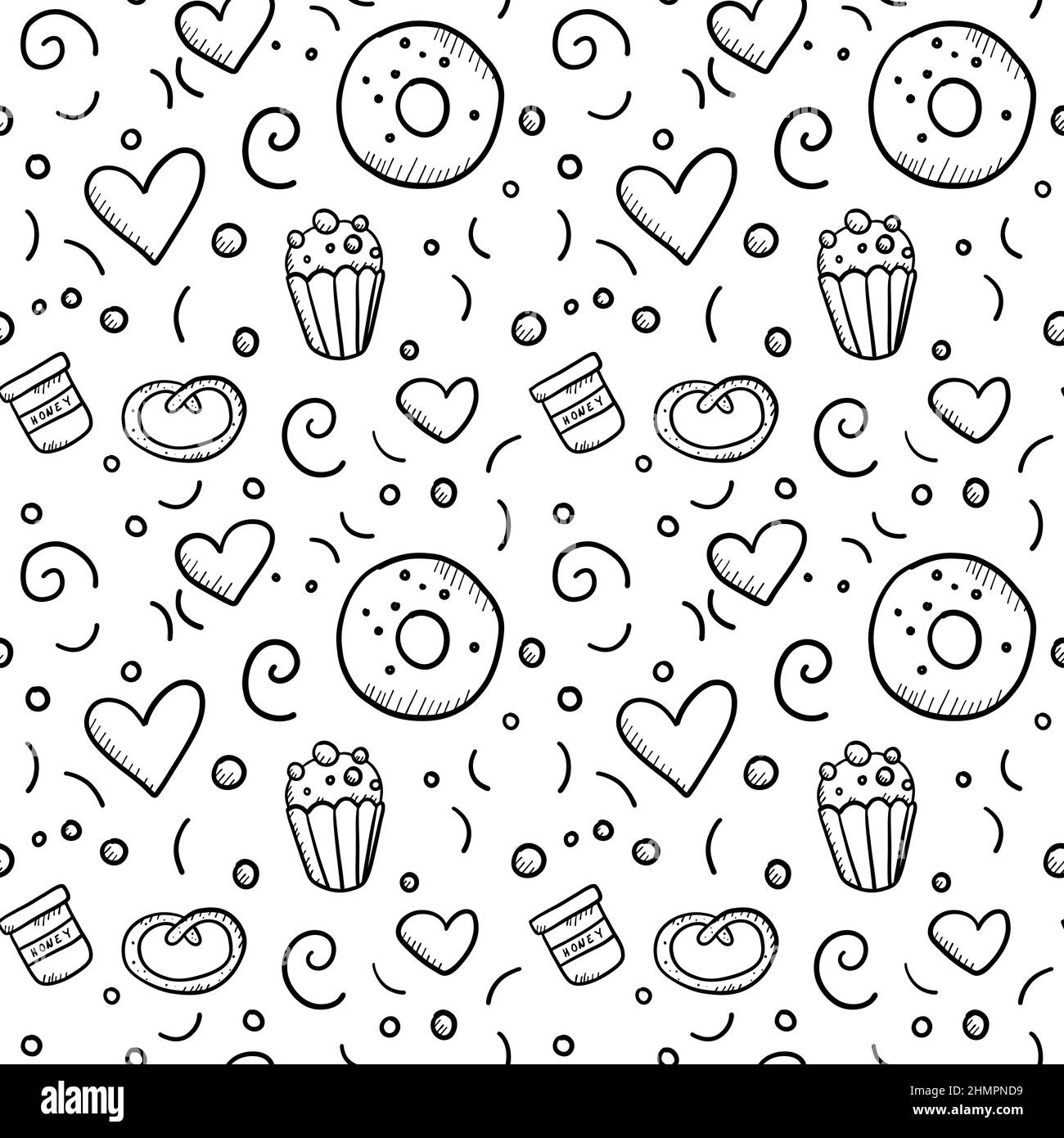 Modello senza cuciture su bianco con torta, croissant, macaroon, ciambella e rotolo di cannella. Illustrazione Vettoriale