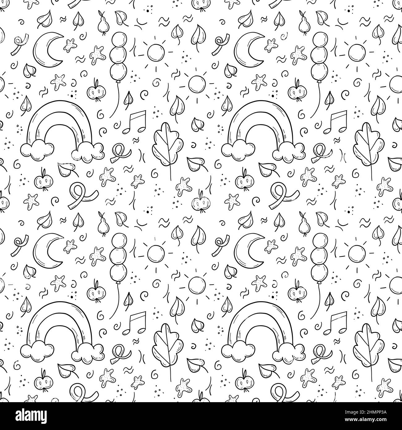 Il profilo nero del doodle i bambini tracciato senza giunture con l'arcobaleno, le foglie, le nuvole, la luna e il sole. Illustrazione Vettoriale