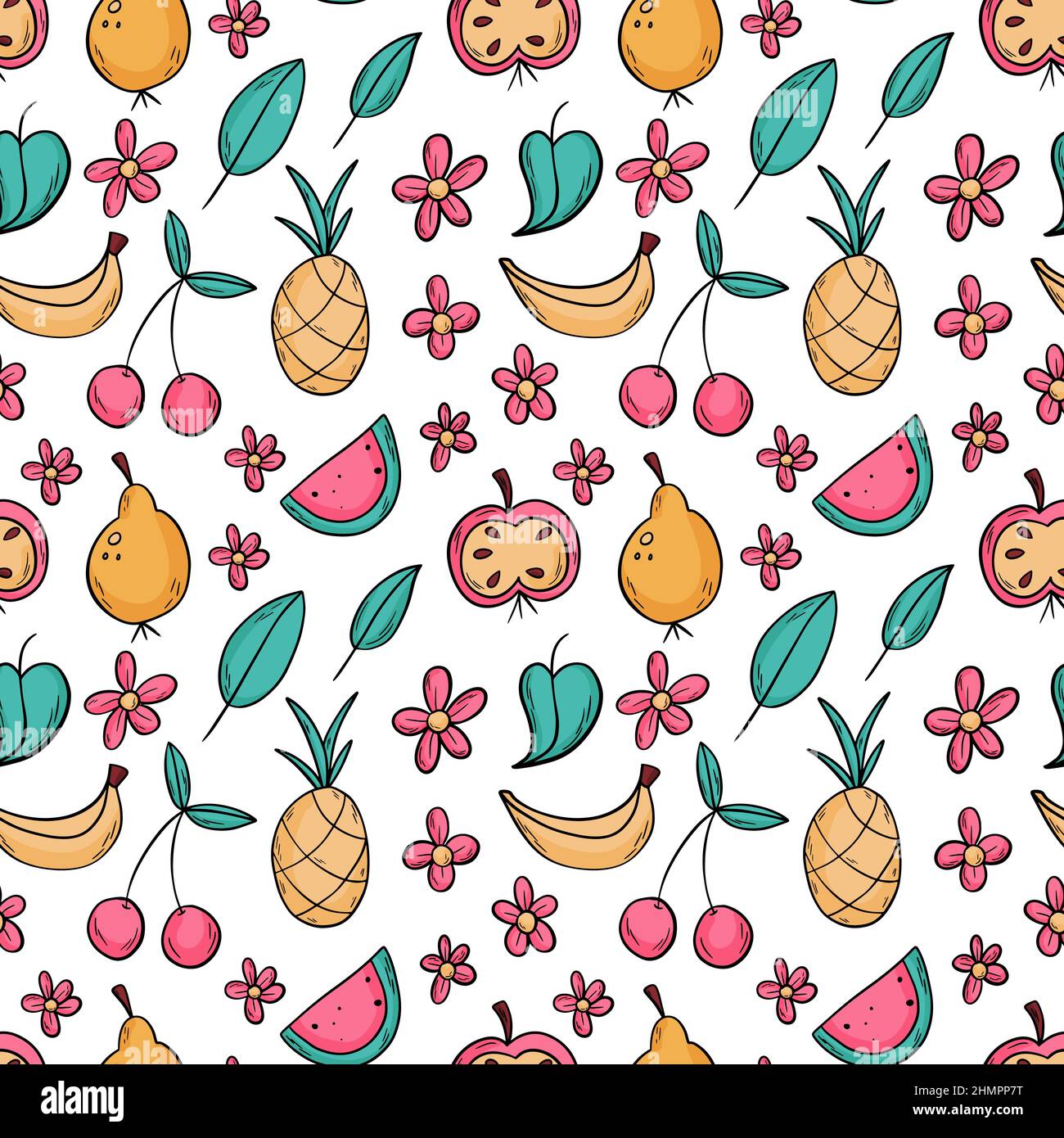 Frutti di stile Doodle senza cuciture con ananas, mela, pera, anguria, banana, ciliegio con contorno nero. Illustrazione Vettoriale