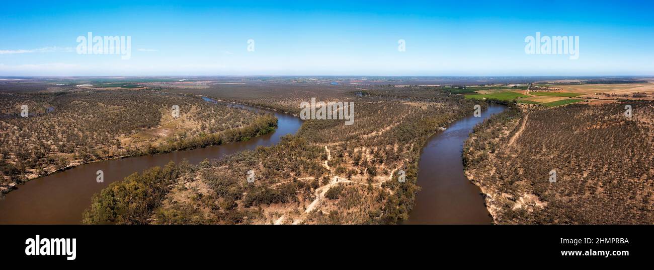 Curve dei corsi d'acqua del fiume Murray attraverso pianure pianeggianti della regione agricola Australiana riverina in un ampio panorama panoramico aereo. Foto Stock