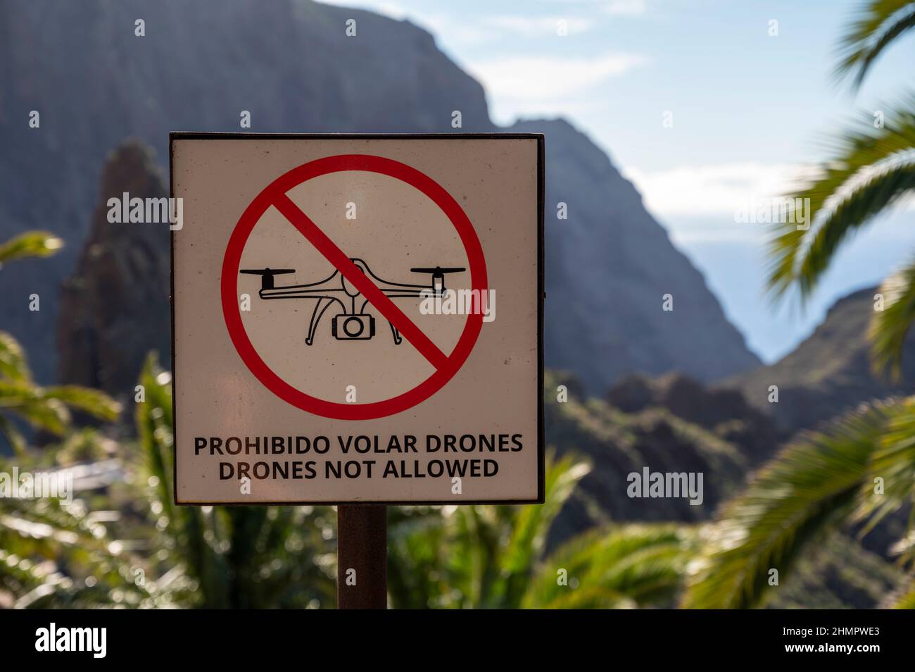 Cartello segnaletico in lingua spagnola e inglese, fuchi non ammessi, zona libera da droni nel pittoresco villaggio di Masca, isola di Tenerife, Canarie, Spagna Foto Stock