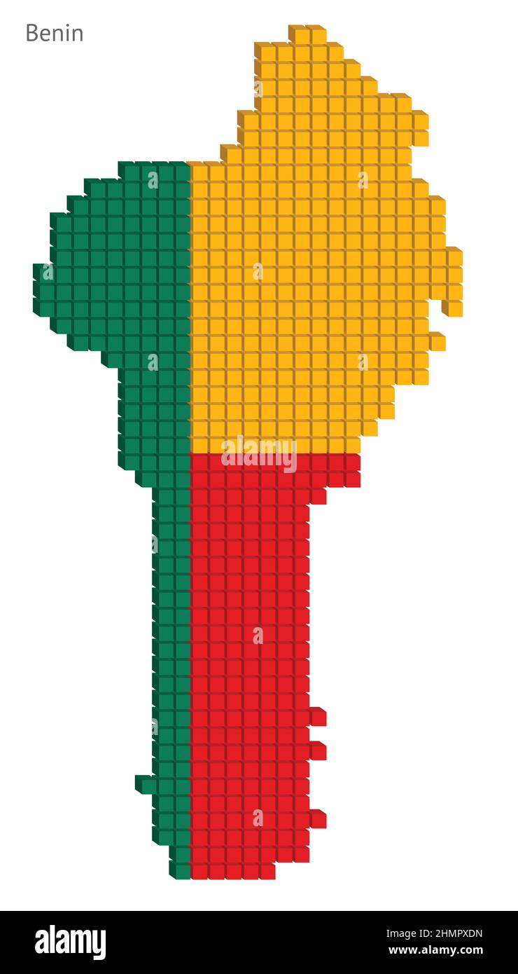 Grafico grafico vettoriale a punti del piano della mappa Benin con piccoli cubi in colori a bandiera Illustrazione Vettoriale